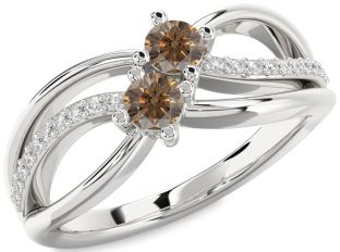Chocolate Brown Diamond Silver Knot Round Two Stone Ring