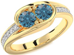 Blue Diamond Gold Silver Round Two Stone Ring