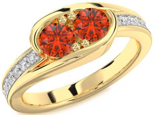 Diamond Fire Opal Gold Silver Round Two Stone Ring