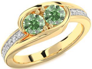 Green Diamond Gold Silver Round Two Stone Ring