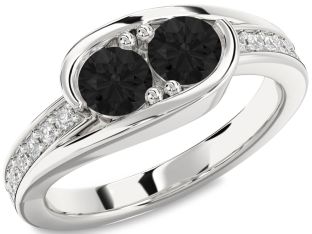 Black Diamond Silver Round Two Stone Ring