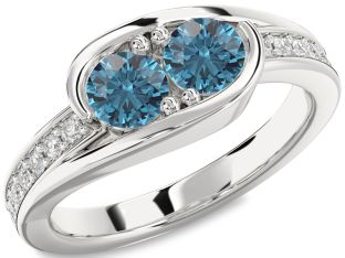 Blue Diamond Silver Round Two Stone Ring