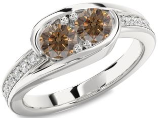 Chocolate Brown Diamond Silver Round Two Stone Ring