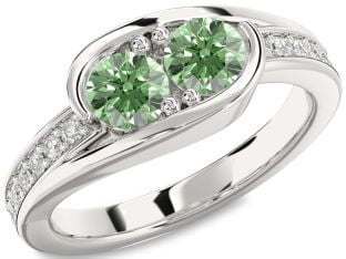 Green Diamond Silver Round Two Stone Ring