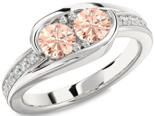 Diamond Morganite Silver Round Two Stone Ring