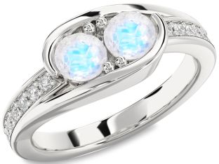 Diamond Moonstone Silver Round Two Stone Ring