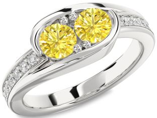 Yellow Diamond Silver Round Two Stone Ring