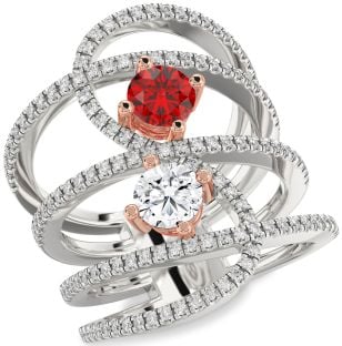 Diamond Silver & 10K Rose Gold Knot Round Two Stone Promise Ring