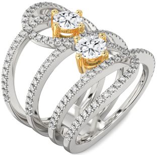 Diamond Silver & 10K gold Knot Round Two Stone Pave Ring
