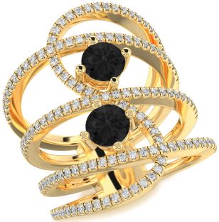 Black Diamond Gold Silver Knot Round Two Stone Pave Ring