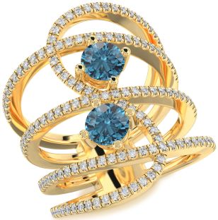 Blue Diamond Gold Silver Knot Round Two Stone Pave Ring