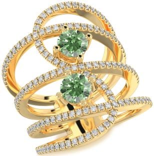 Green Diamond Gold Silver Knot Round Two Stone Pave Ring