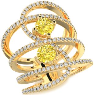 Yellow Diamond Gold Silver Knot Round Two Stone Pave Ring