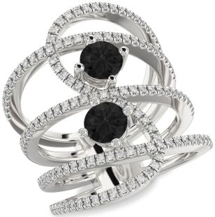 Black Diamond Silver Knot Round Two Stone Pave Ring