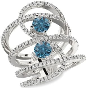 Blue Diamond Silver Knot Round Two Stone Pave Ring