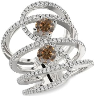 Chocolate Brown Diamond Silver Knot Round Two Stone Pave Ring