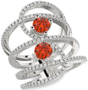 Diamond Fire Opal Silver Knot Round Two Stone Pave Ring