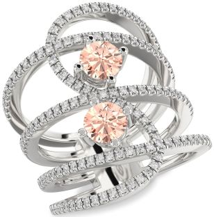 Diamond Morganite Silver Knot Round Two Stone Pave Ring