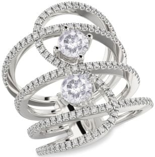 Salt & Pepper Diamond Silver Knot Round Two Stone Pave Ring