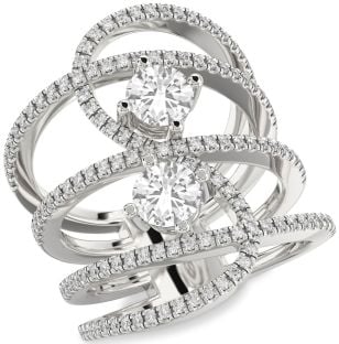 Diamond White Sapphire Silver Knot Round Two Stone Pave Ring