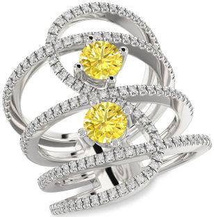 Yellow Diamond Silver Knot Round Two Stone Pave Ring
