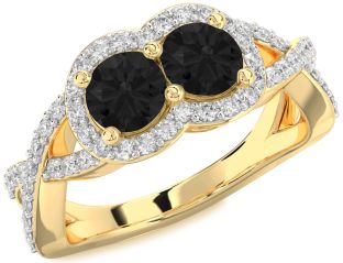 Black Diamond Gold Silver Round Two Stone Pave Ring
