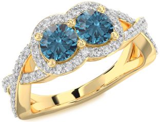 Blue Diamond Gold Silver Round Two Stone Pave Ring