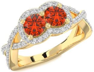 Diamond Fire Opal Gold Silver Round Two Stone Pave Ring