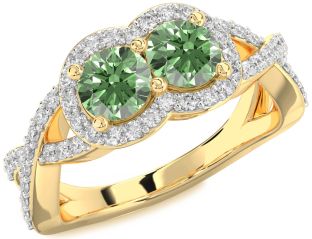 Green Diamond Gold Silver Round Two Stone Pave Ring