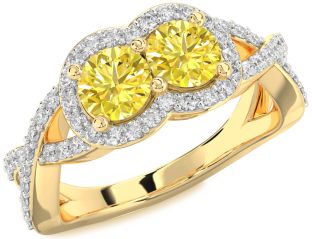 Yellow Diamond Gold Silver Round Two Stone Pave Ring