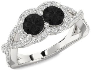 Black Diamond Silver Round Two Stone Pave Ring