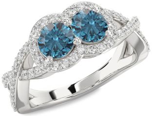 Blue Diamond Silver Round Two Stone Pave Ring
