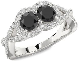 Diamond Black Onyx Silver Round Two Stone Pave Ring