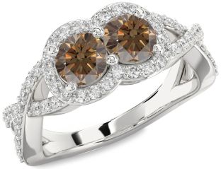 Chocolate Brown Diamond Silver Round Two Stone Pave Ring