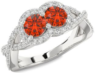 Diamond Fire Opal Silver Round Two Stone Pave Ring