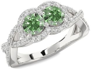 Green Diamond Silver Round Two Stone Pave Ring