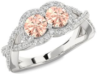 Diamond Morganite Silver Round Two Stone Pave Ring