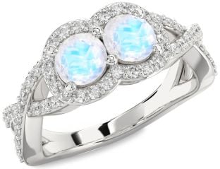 Diamond Moonstone Silver Round Two Stone Pave Ring