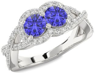 Diamond Tanzanite Silver Round Two Stone Pave Ring