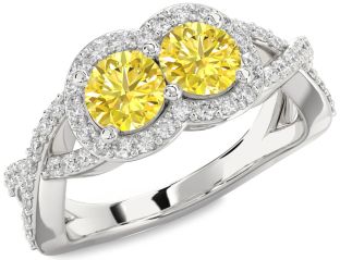 Yellow Diamond Silver Round Two Stone Pave Ring