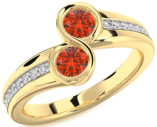 Diamond Fire Opal Gold Silver Round Two Stone Pave Ring
