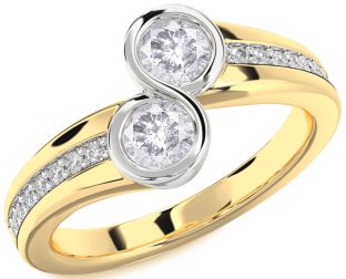 Salt & Pepper Diamond Gold Silver Round Two Stone Pave Ring