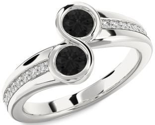 Black Diamond Silver Round Two Stone Pave Ring
