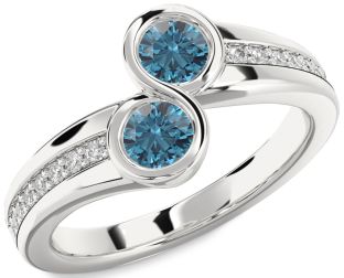 Blue Diamond Silver Round Two Stone Pave Ring