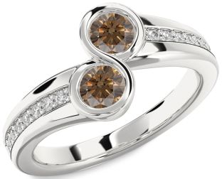 Chocolate Brown Diamond Silver Round Two Stone Pave Ring