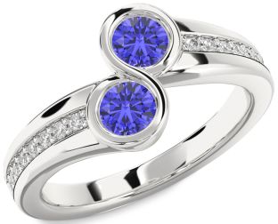 Diamond Tanzanite Silver Round Two Stone Pave Ring