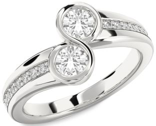 Diamond White Sapphire Silver Round Two Stone Pave Ring
