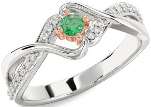 Diamond Emerald Silver & 10K Rose Gold Round Promise Ring