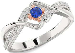 Diamond Blue Sapphire Silver & 10K Rose Gold Round Promise Ring