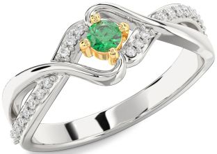 Diamond Emerald Silver & 10K gold Round Promise Ring